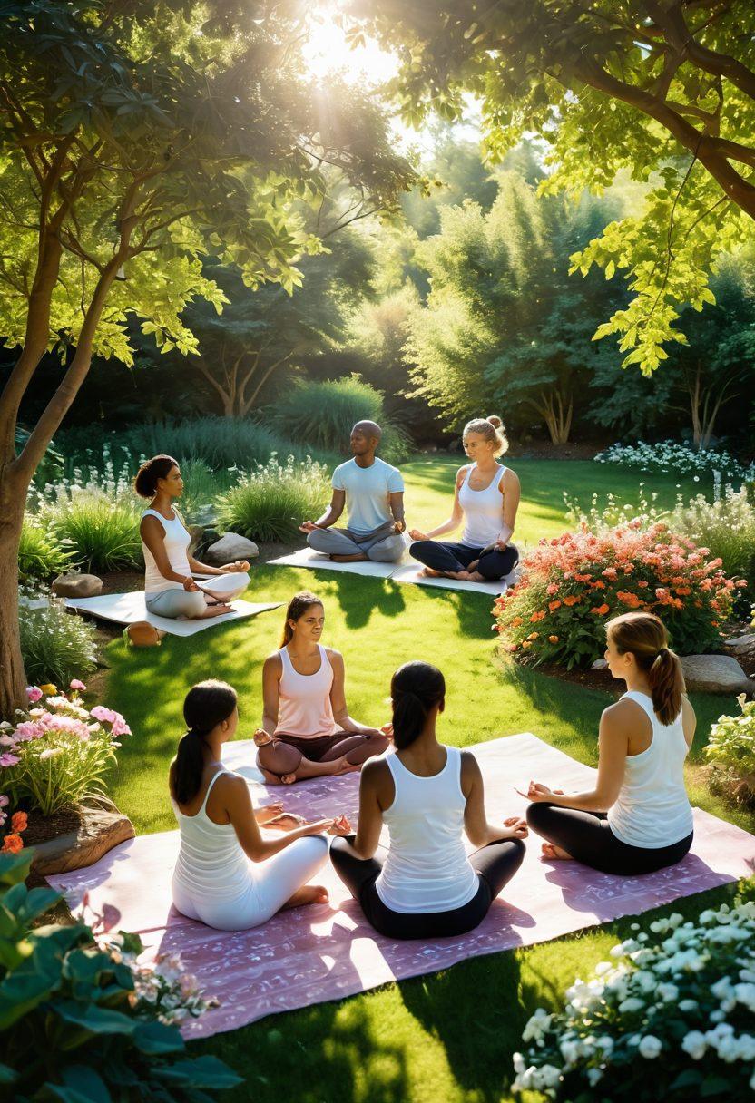 A serene and comforting scene depicting a diverse group of individuals engaged in supportive activities like group discussions, yoga, and meditation in a sunlit garden. Incorporate symbols of hope such as blooming flowers and gentle sunlight breaking through the trees. Emphasize a warm color palette to evoke feelings of calm and positivity. super-realistic. vibrant colors. peaceful atmosphere.