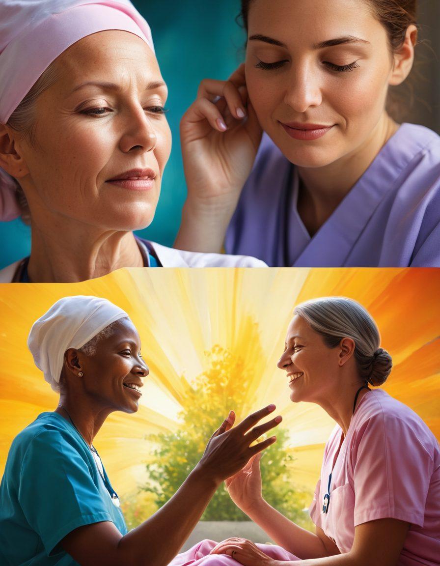 A powerful visual narrative depicting a patient journey through cancer, featuring a vibrant spectrum of colors to represent hope and resilience. The left side shows a doctor gently explaining a diagnosis, transitioning to a scene of empowerment with the patient engaging in supportive community activities. On the right, a serene image of the patient celebrating remission with loved ones in a sunlit environment. A blend of emotions captured in expressive faces and supportive hands. super-realistic. vibrant colors. healing atmosphere.