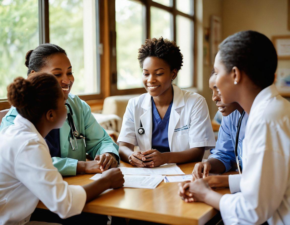 A compassionate scene depicting a diverse group of patients in a supportive workshop, engaging with medical professionals, surrounded by resource materials and vibrant, uplifting visuals symbolizing hope and knowledge. Soft light filters through a window, creating a warm and inviting atmosphere. Incorporate elements of connection and empowerment through the expressions and body language of the individuals. soft-focus, warm colors, super-realistic.